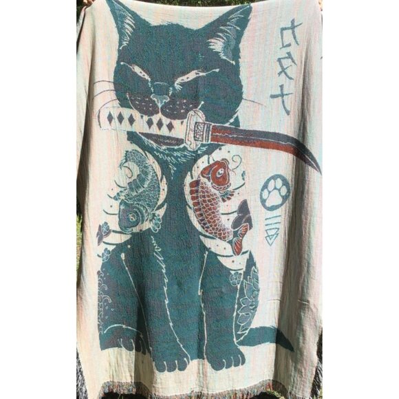 Vincent Trinidad Cat Knife Woven Blanket Tapestry Tattoo Katana Fish Japonism - Picture 6 of 10